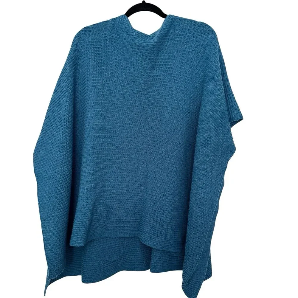 J Jill One Size -Fits Most- Wool Blend Knit Poncho Sweater Front Pockets Blue